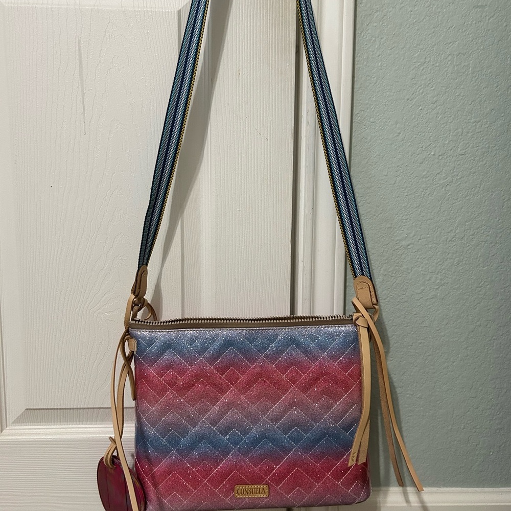 Consuela Blue and Pink Crossbody Bag with Chevron Design like new